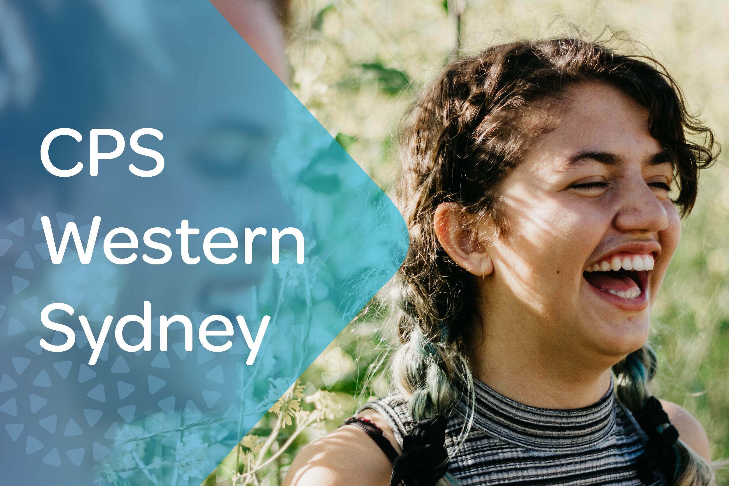 A close-up photo of a young girl laughing outdoors, with a radiant smile and the sun and CPS Western Sydney overlay